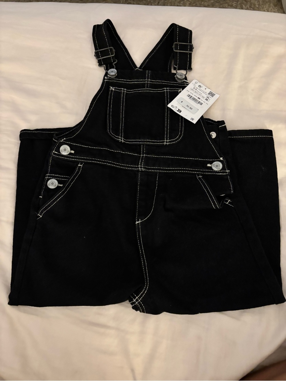 Zara Toddler Black Denim Short Overalls with White Contrast Stitching